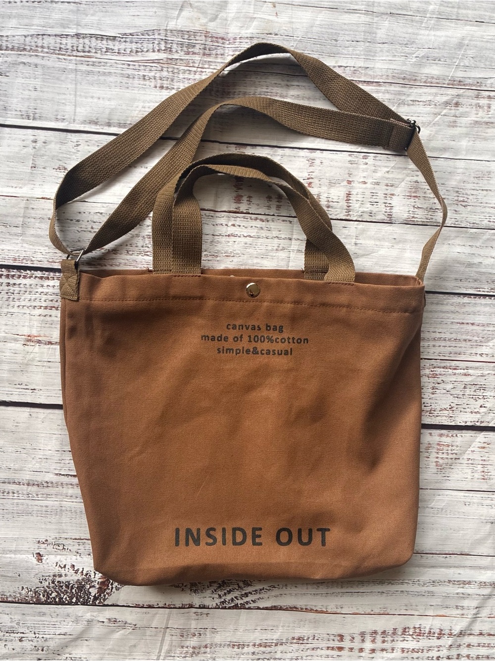 INSIDE OUT Brown Canvas Tote Bag Crossbody + Handles 100% Cotton